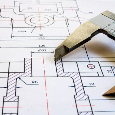 The calipers on top of a technical drawing