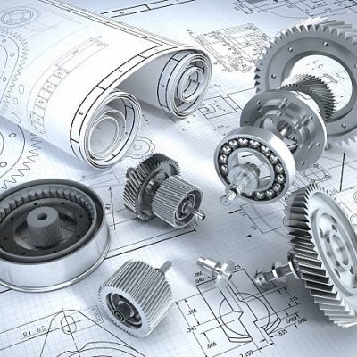 Blueprints and 3D metal machine parts. Mechanical engineering concept.