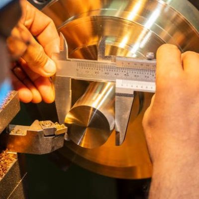 The machine operator measure the dimension of brass shaft by Vernier caliper. The quality control process of hi-precision parts manufacturing process.